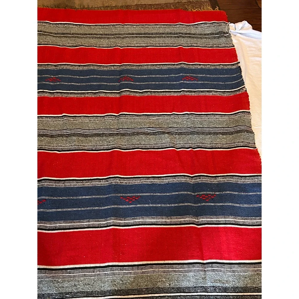 Vintage Turkish Kilim Handwoven Wool Blend Red Blue Striped Textile 6x4